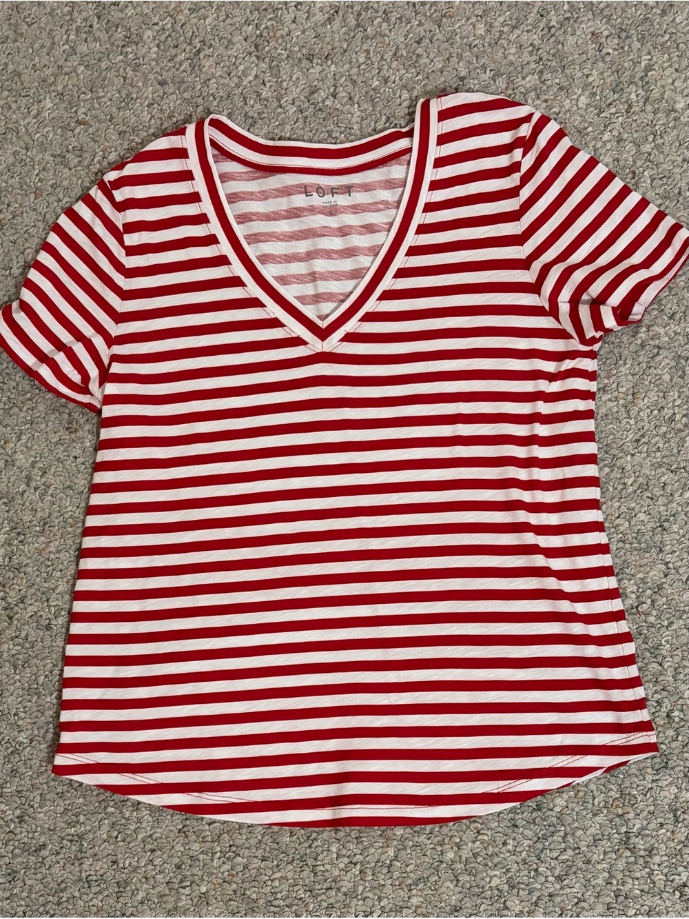 LOFT Red & White Striped V-Neck Short Sleeve Tee